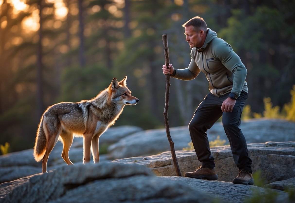 A human and a coyote face each other on rocky ground near a forest edge, both appearing alert and focused.