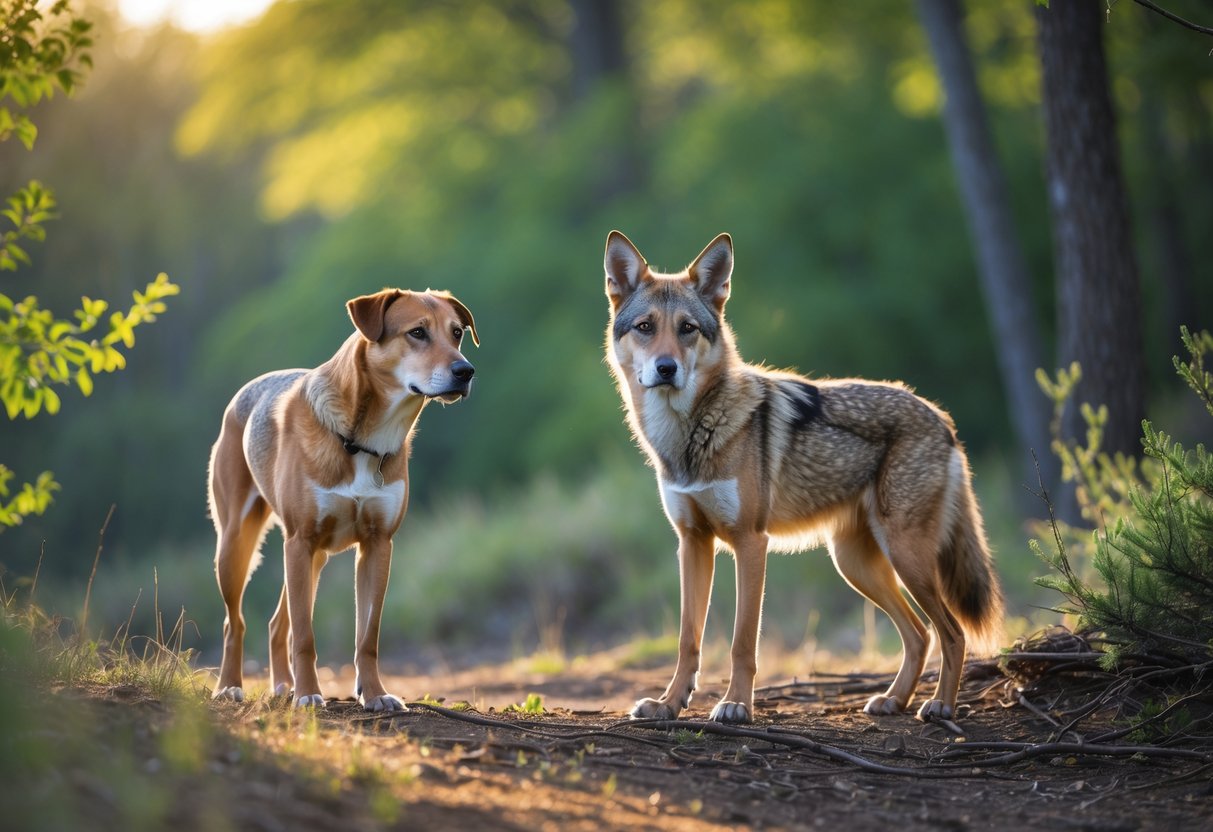 A domestic dog and a coyote standing close together in a forest clearing during the day.