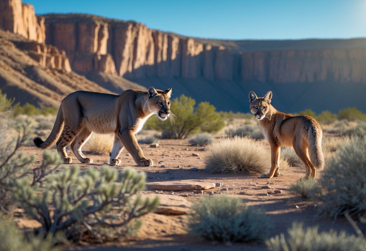 A mountain lion stalking a coyote in a rocky desert landscape with cliffs and dry vegetation.