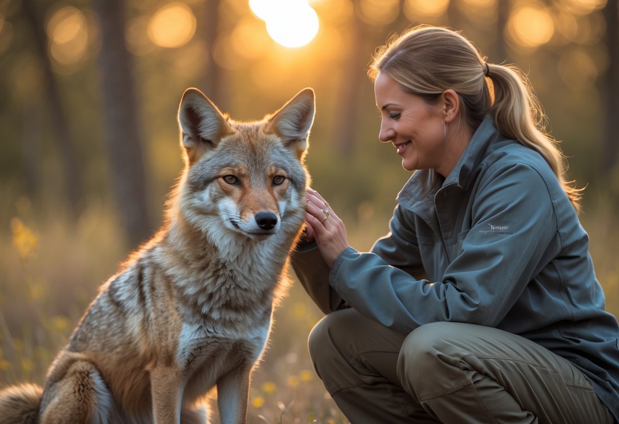 A calm coyote sitting next to a person who is gently petting it in a forest setting.