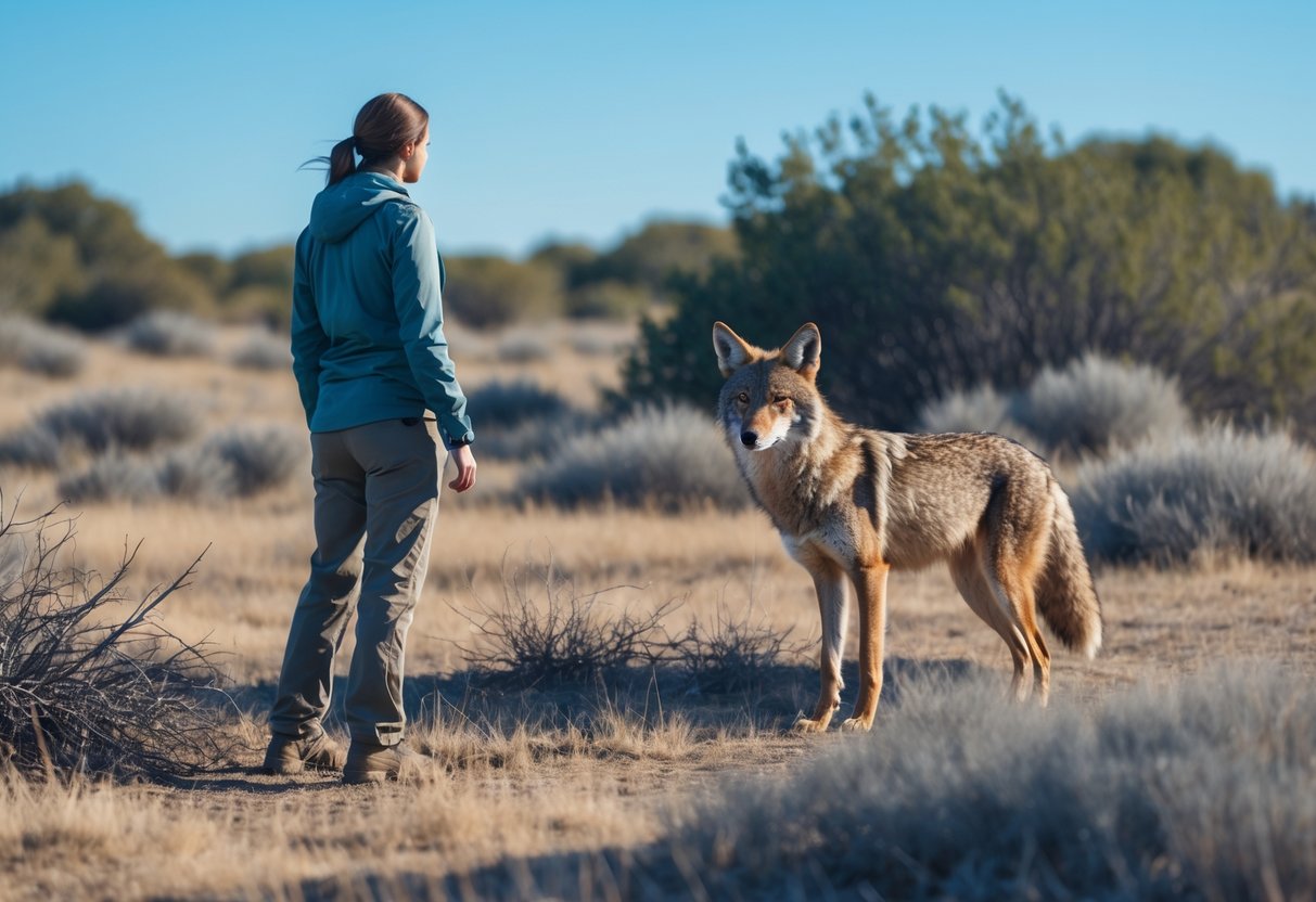 A person standing calmly facing a coyote in a natural outdoor setting with dry grass and bushes.