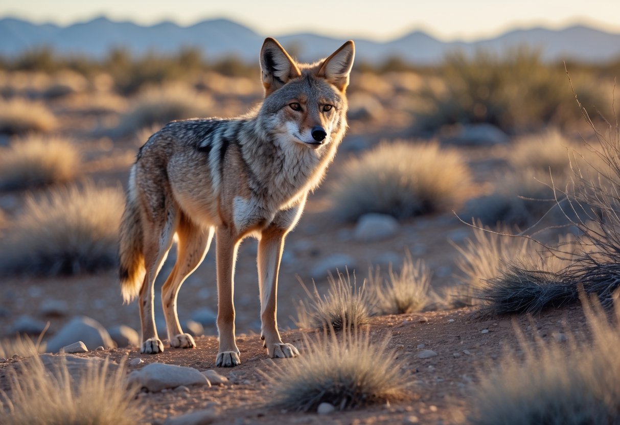 A coyote standing alert in a desert landscape with dry grasses and mountains in the background.