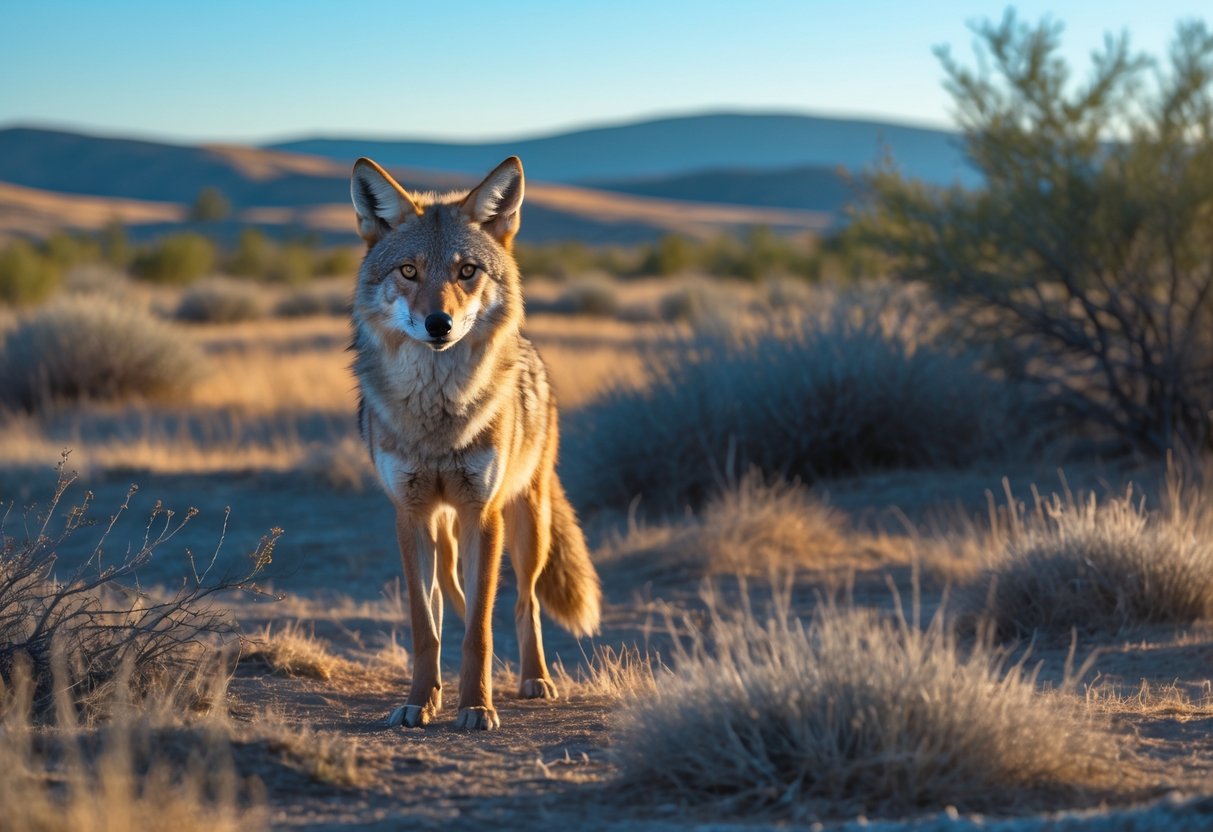 A wild coyote standing alert in a natural grassy landscape with hills in the background under a clear sky.