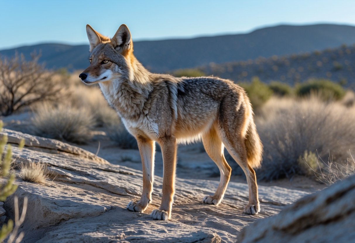 A coyote standing on rocky ground with dry grasses and shrubs in the background under a clear sky.