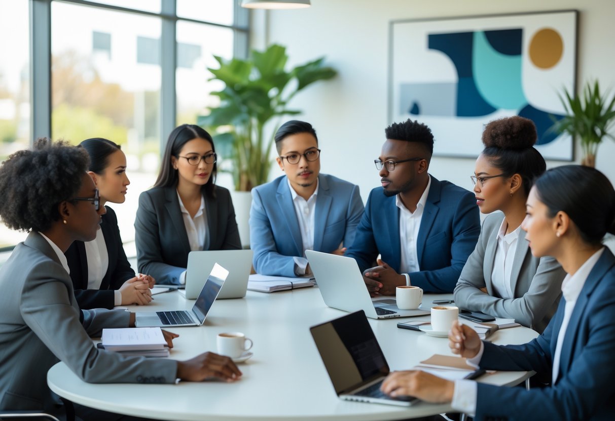 A diverse group of people having a serious discussion around a conference table in an office.