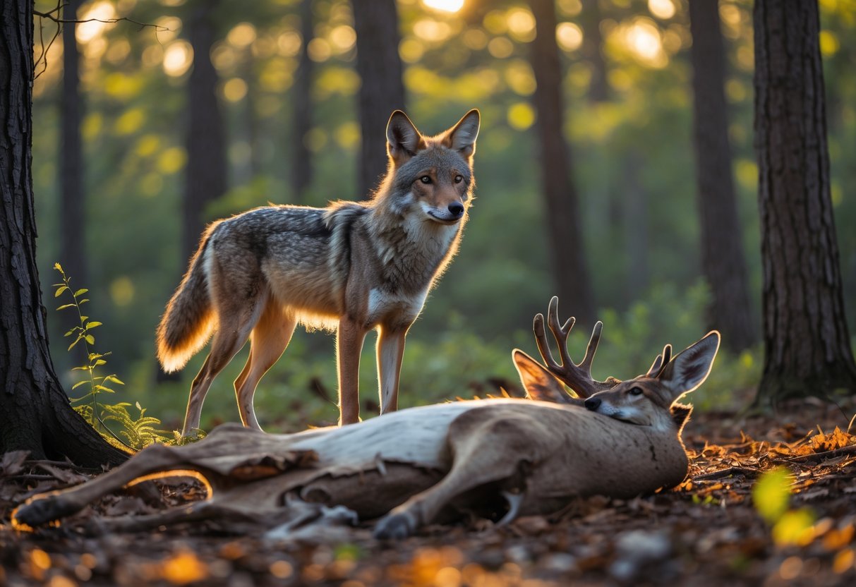 A coyote standing near the remains of a deer in a forest with sunlight filtering through the trees.