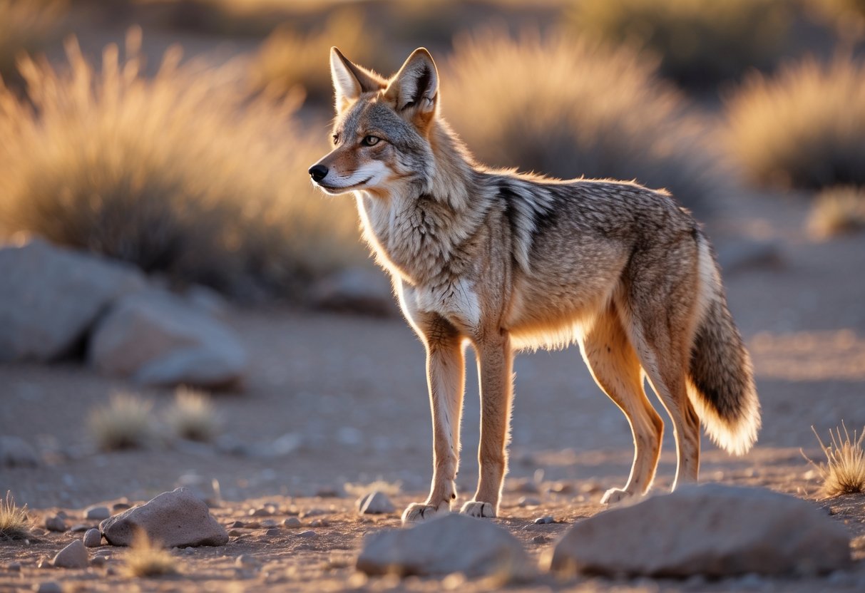 A wild coyote standing alert in a desert landscape with dry grasses and rocks.