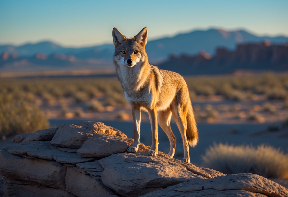 A lone coyote standing on rocks in a desert landscape with mountains in the background under a clear sky.