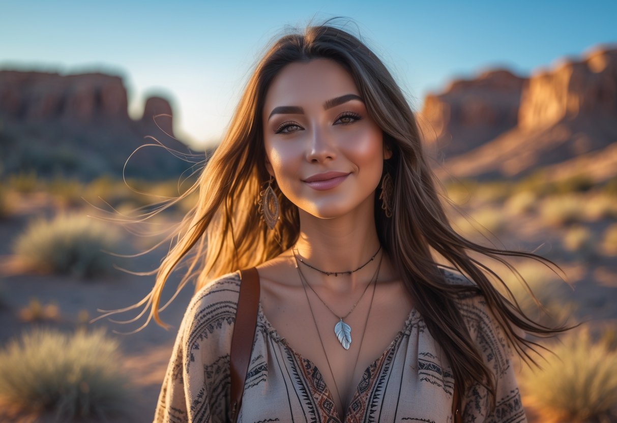 A young woman standing outdoors in a desert setting with rocky formations and plants, looking confident and relaxed.