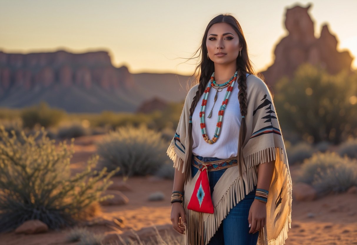 A young Native American woman stands in a desert landscape with a faint coyote silhouette in the background during sunset.