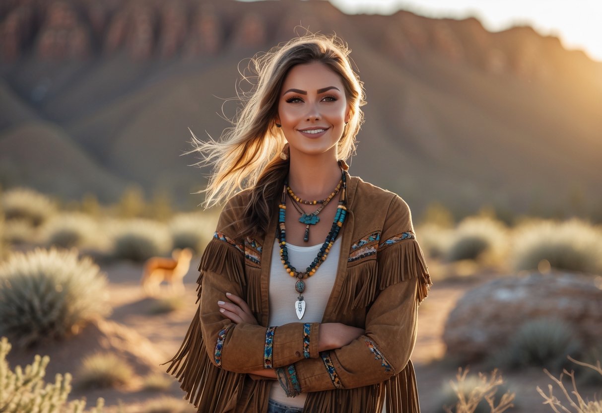 A young woman standing in a desert landscape at sunset, wearing earth-toned clothing with Native American-inspired details, surrounded by desert plants and subtle coyote imagery.