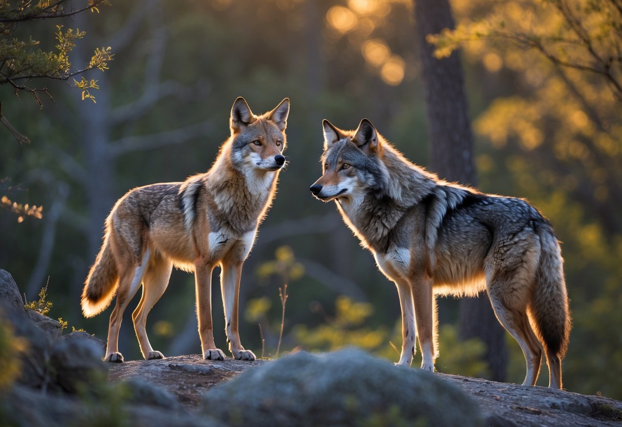 A coyote and a gray wolf standing side by side in a forest with sunlight filtering through the trees.