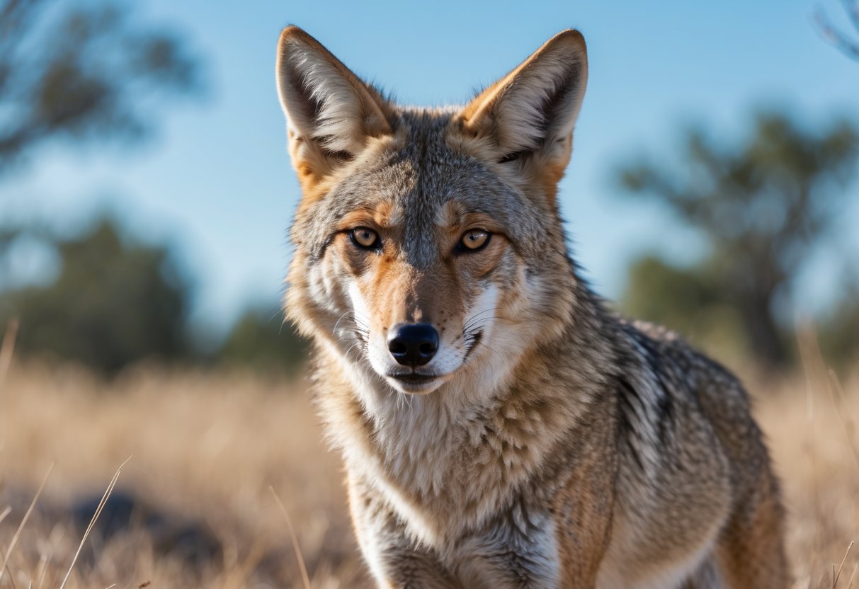 Close-up of a coyote standing in a grassy area with trees in the background, looking directly ahead.