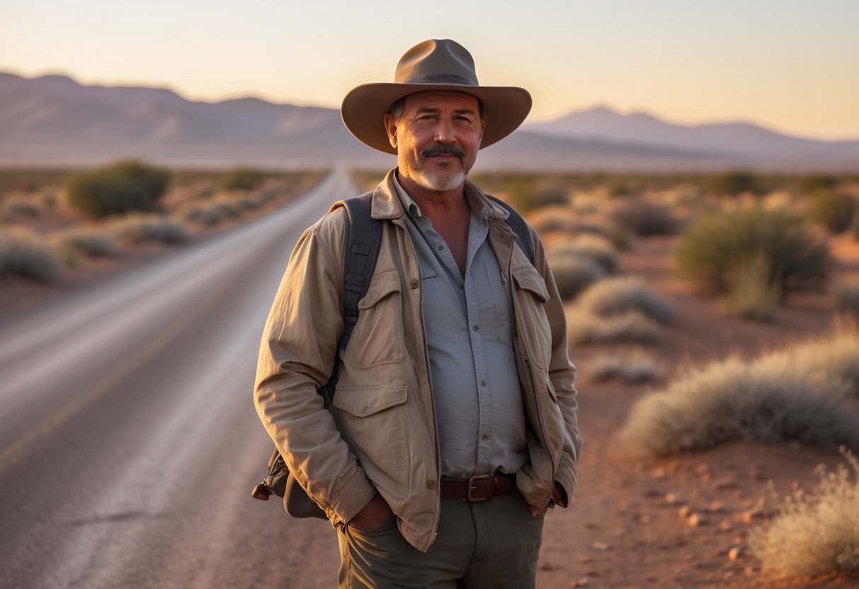 A middle-aged man wearing a hat and jacket stands at the edge of a desert road with mountains in the background during sunset.