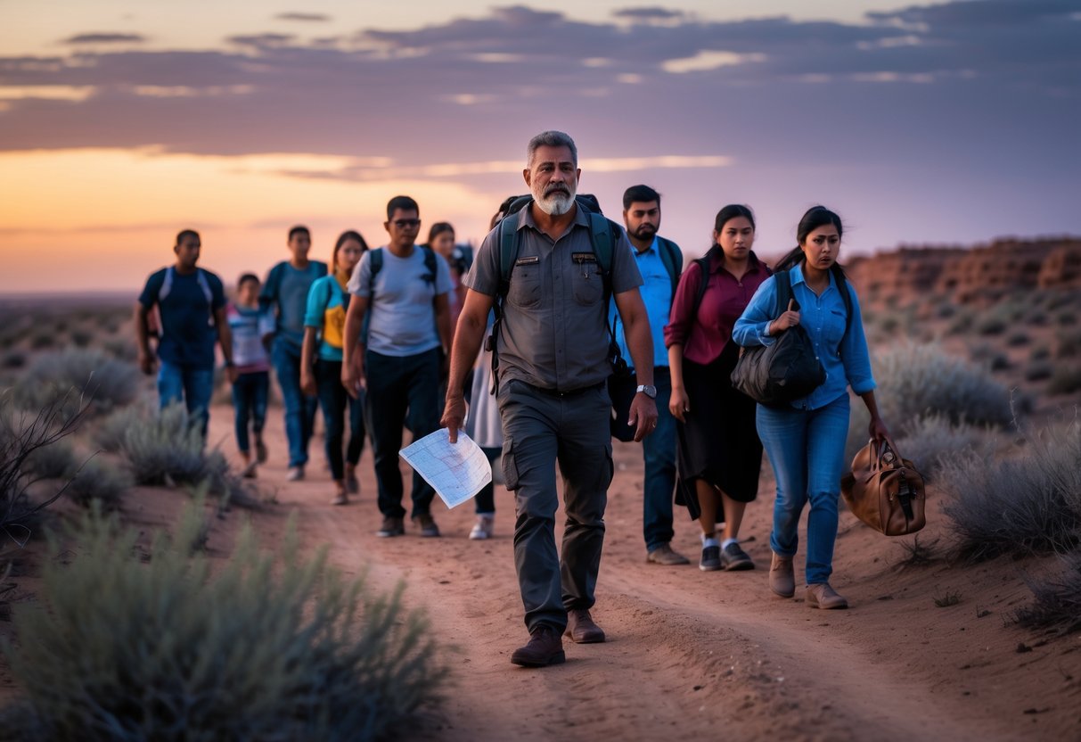 A group of people walking through a desert at dusk led by a man carrying a backpack and a map.