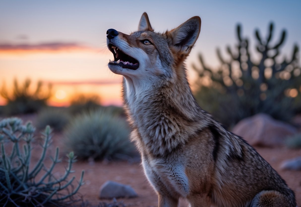 A wild coyote howling in a desert landscape at twilight with desert plants and a colorful sky in the background.