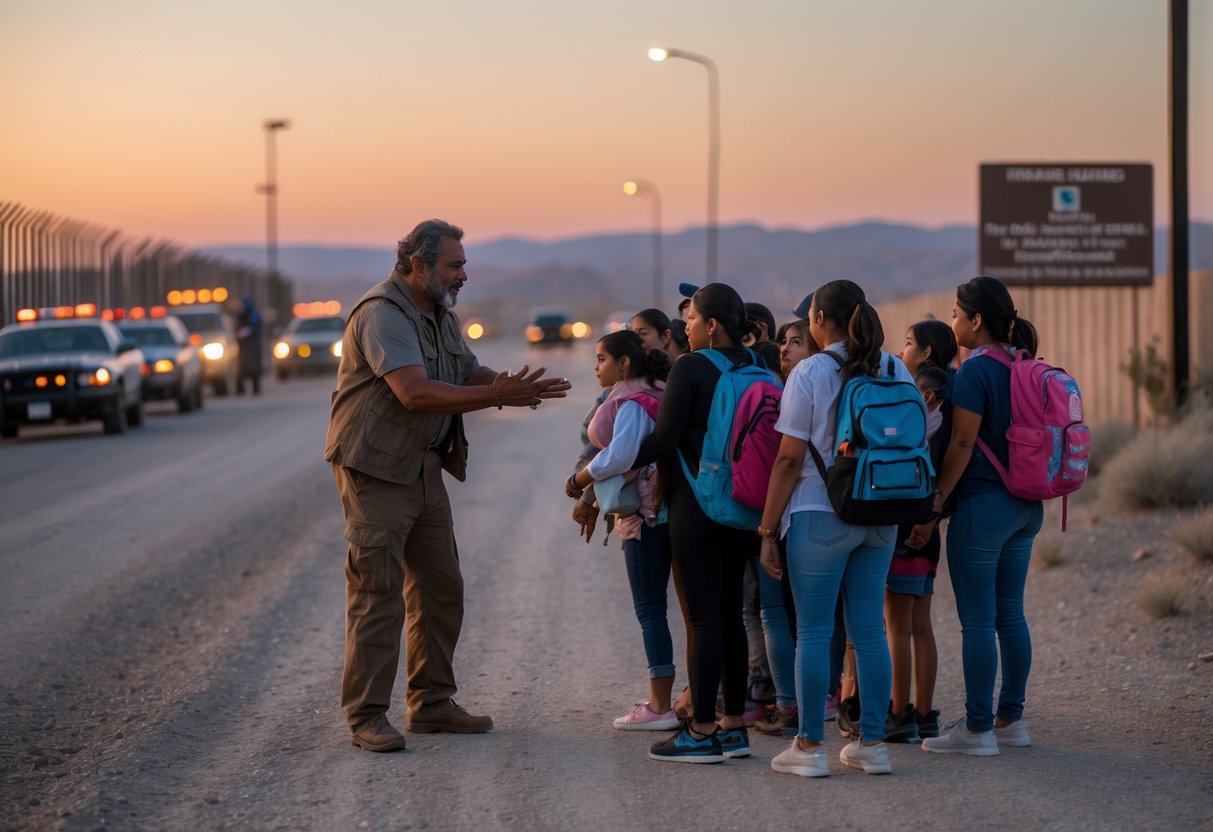 A man discreetly guiding a group of migrants carrying backpacks near a border fence at sunset, with law enforcement vehicles visible in the distance.