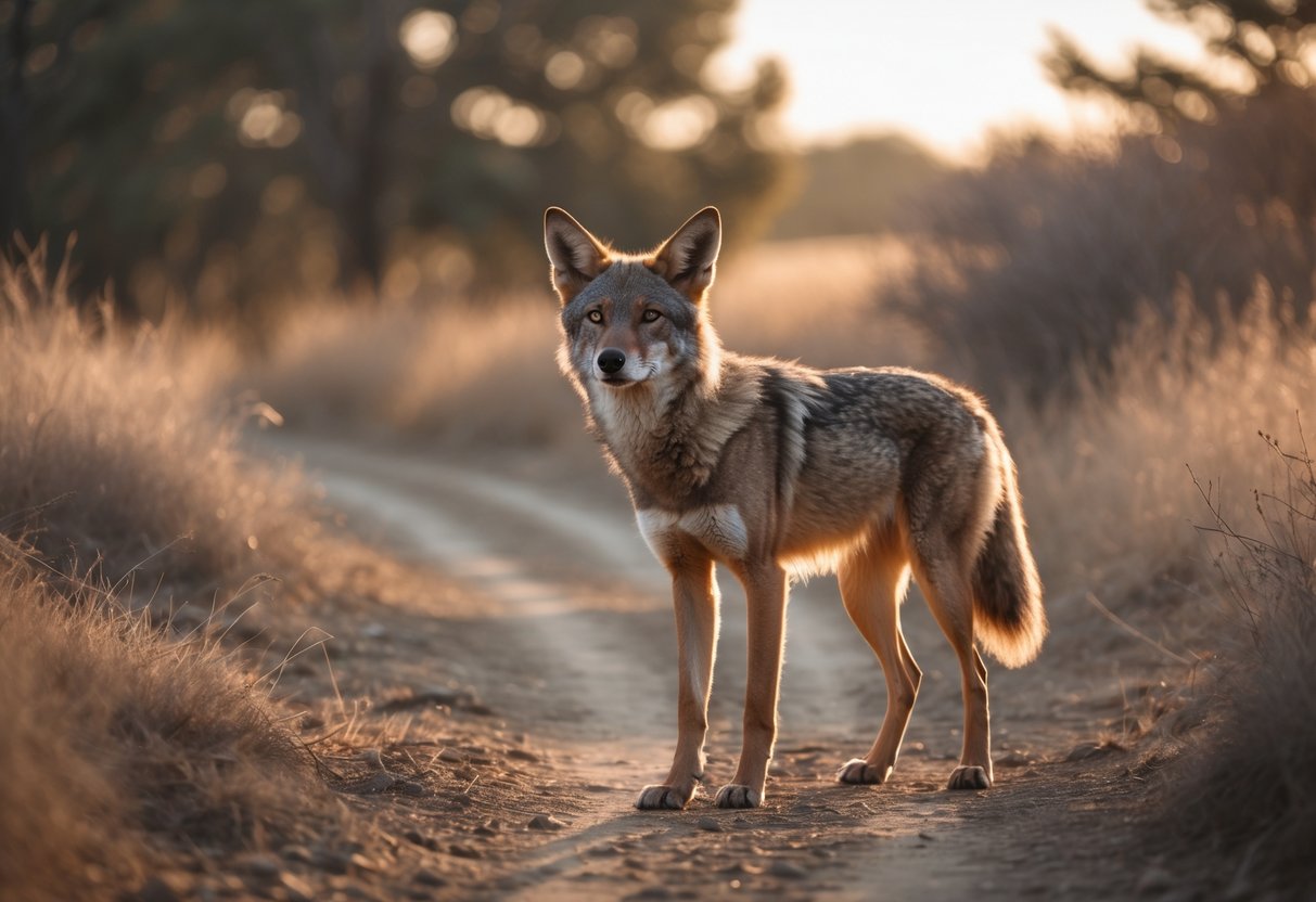A wild animal standing on a dirt path surrounded by dry grass and bushes, looking alert in a natural outdoor setting.
