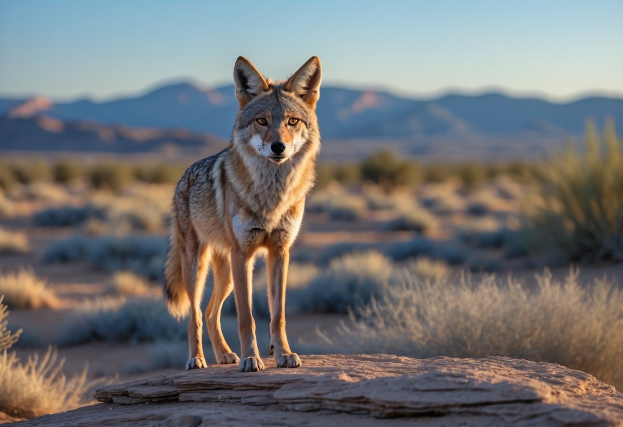 A wild coyote standing on rocky terrain surrounded by desert plants with mountains in the background.