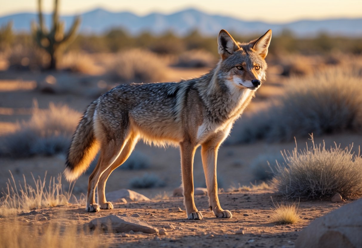 A wild coyote standing alert in a desert landscape with dry grasses and mountains in the background.