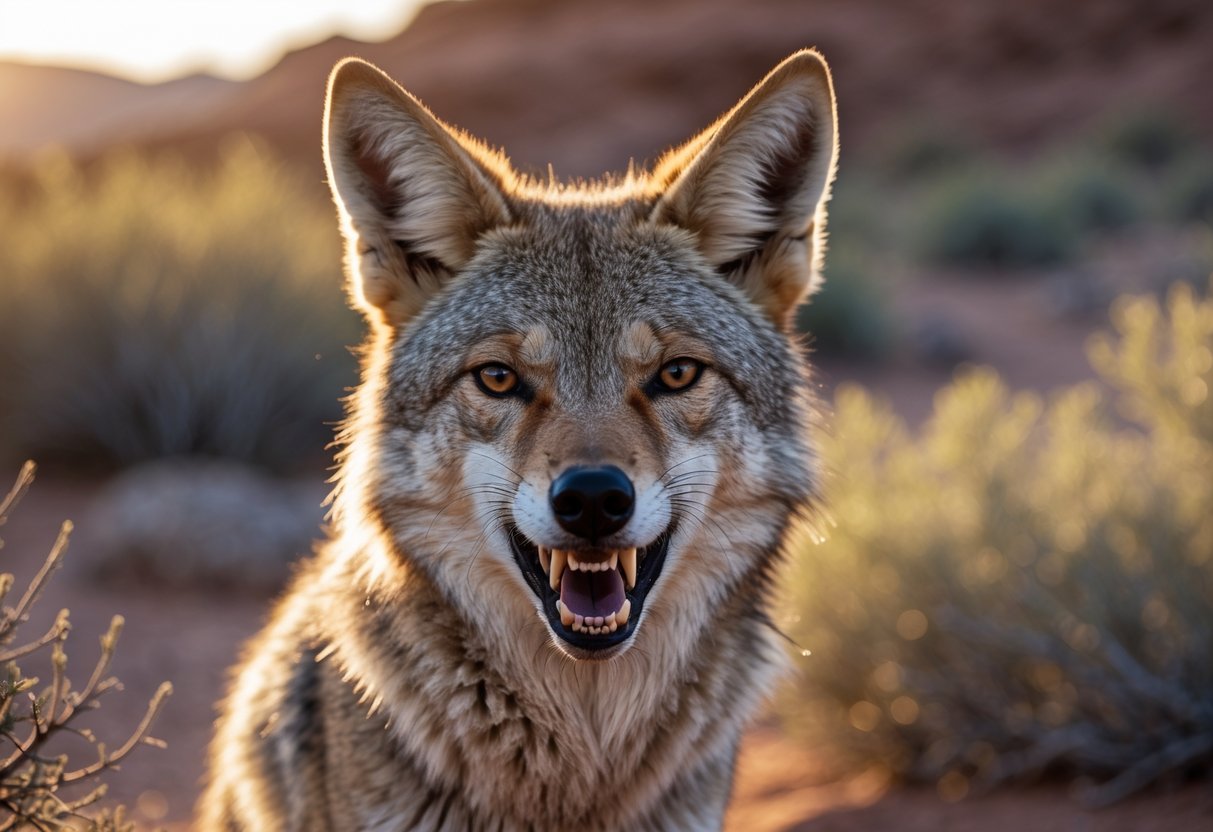 Close-up of a snarling wild coyote showing its teeth in a desert landscape with dry shrubs and rocks.