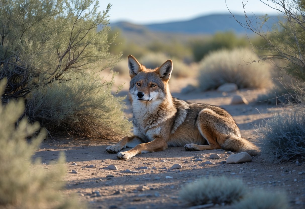 A coyote resting quietly in a shaded area among dry grasses and shrubs in a desert landscape during the day.
