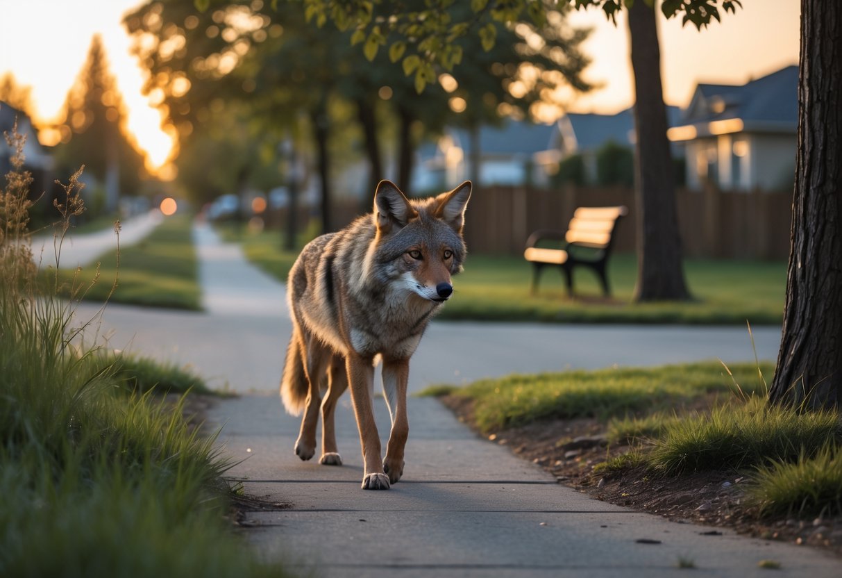 A coyote cautiously walking in a suburban park area at dusk with houses and trees in the background.