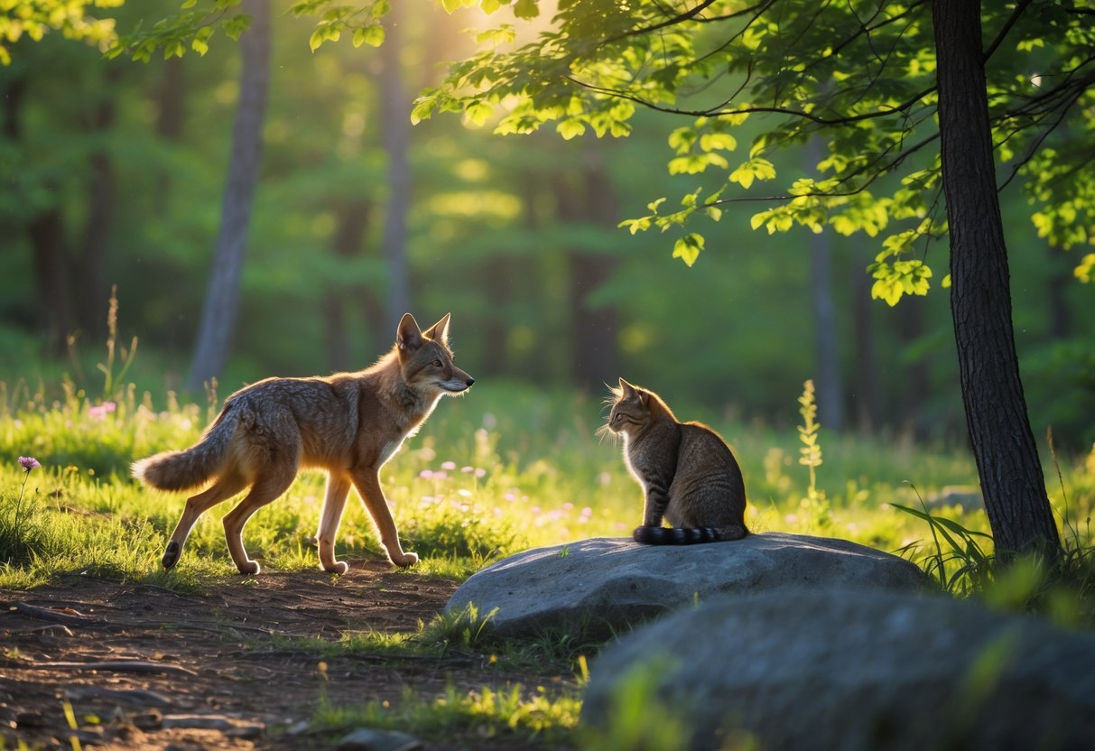 A coyote walking away from a sitting domestic cat in a sunlit forest clearing.