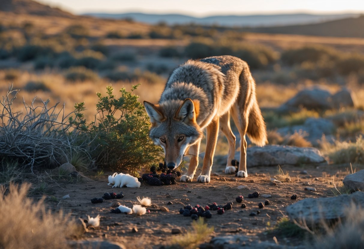 A coyote sniffing the ground in a natural grassland environment with plants and small animals around.