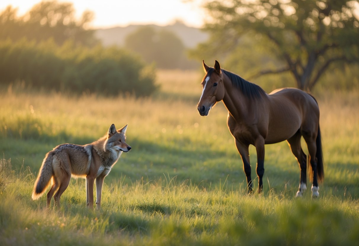 A coyote and a horse facing each other in a grassy meadow at dawn.