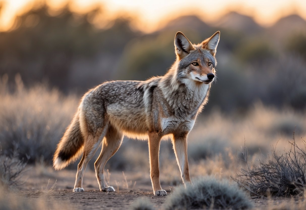 A wild coyote standing in dry grass with a blurred natural background.