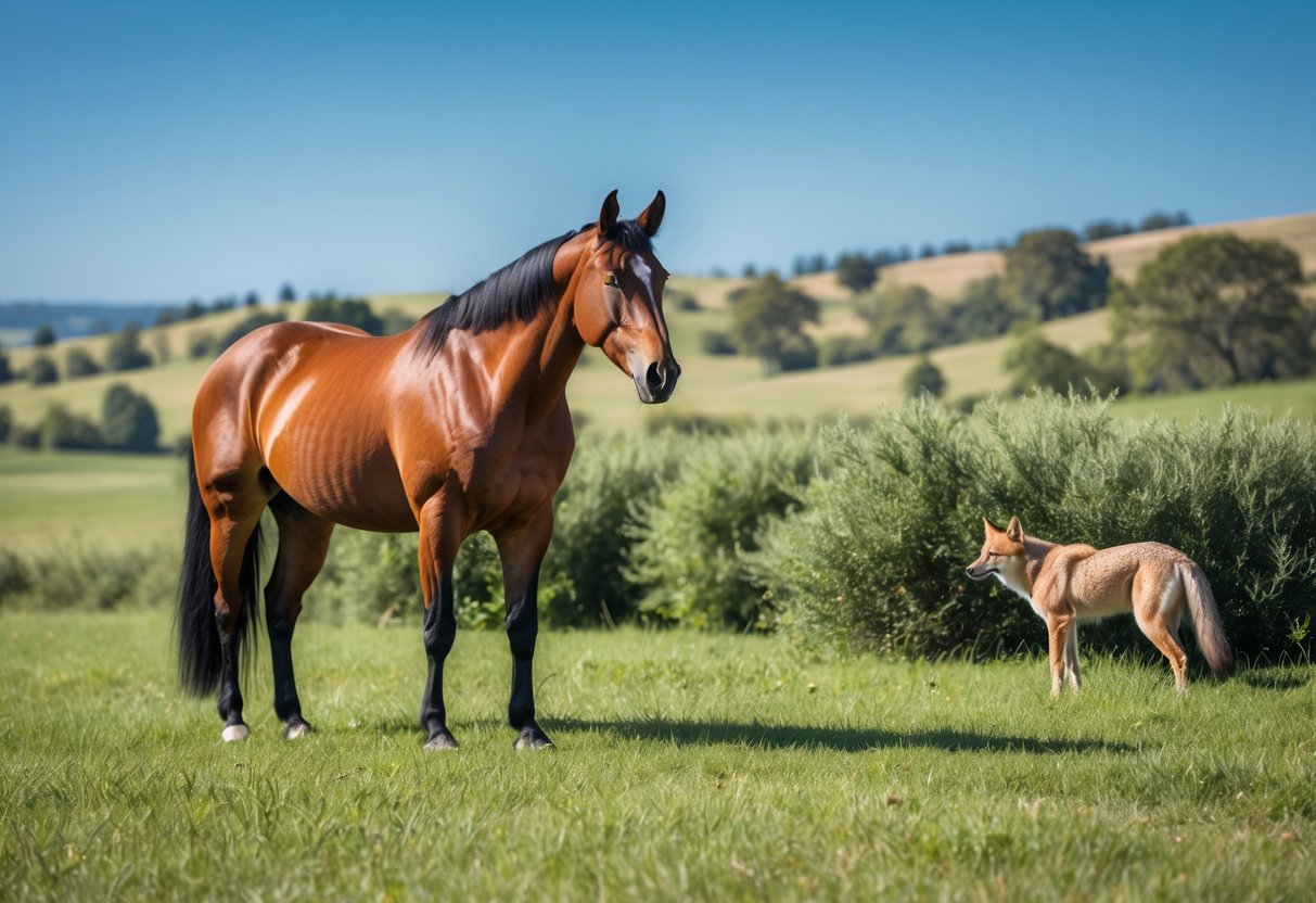 A horse standing alert in a grassy field with a coyote watching from behind bushes in the background.