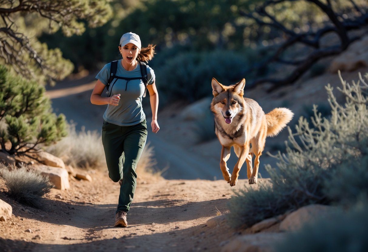 A person running away from a coyote chasing them in a natural outdoor setting.