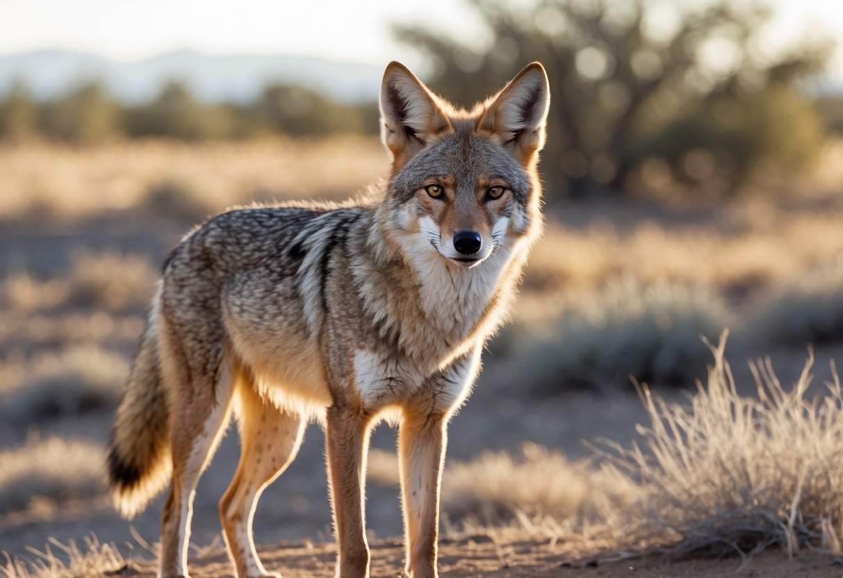 A wild coyote standing alert in a dry open landscape looking directly ahead.