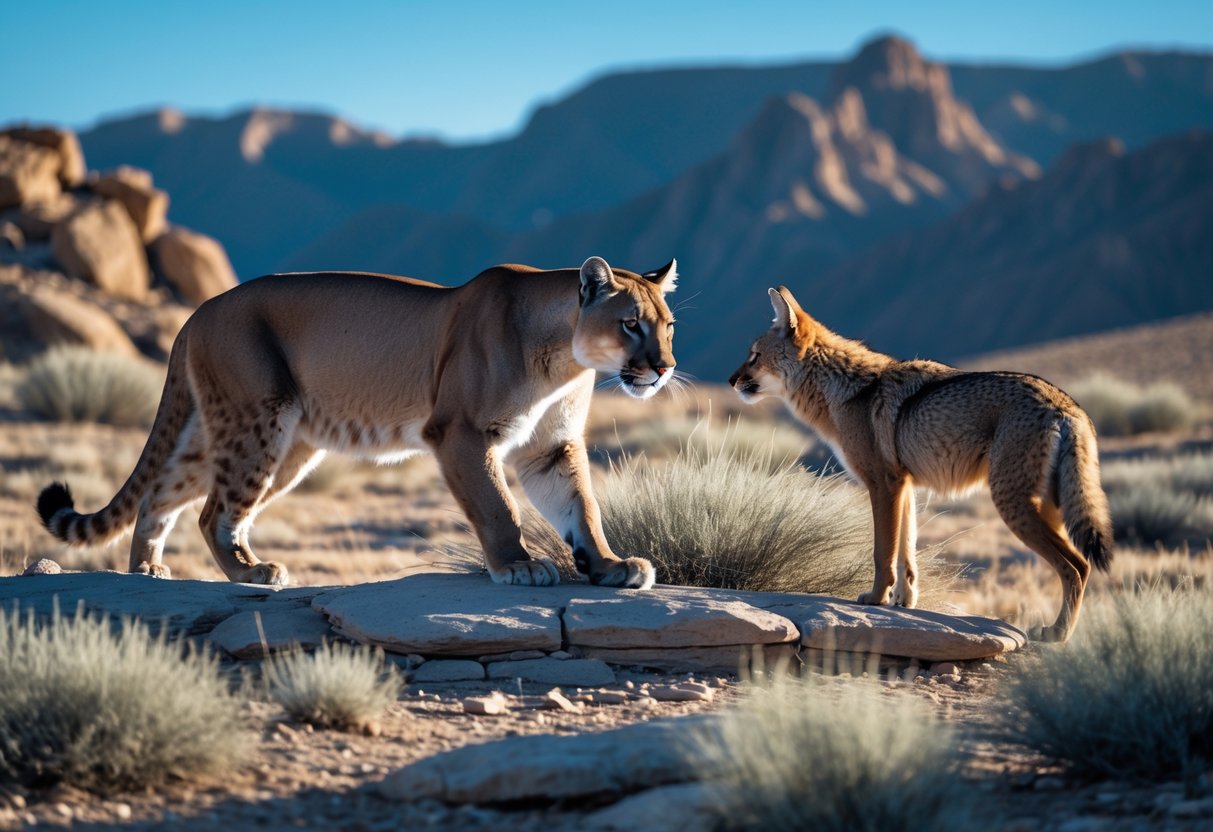 A mountain lion confronting a coyote in a rocky desert landscape with mountains in the background.