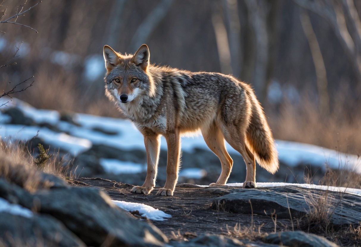 A wild coyote standing alert on rocky ground with sparse vegetation and patches of snow near a forest edge.