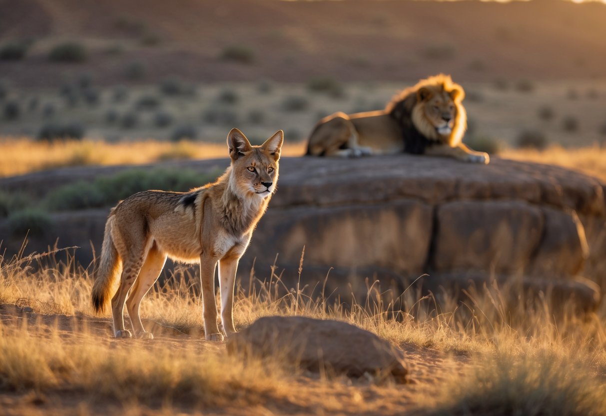 A coyote standing alert in a grassy area looking towards a lion resting on a rocky outcrop nearby.