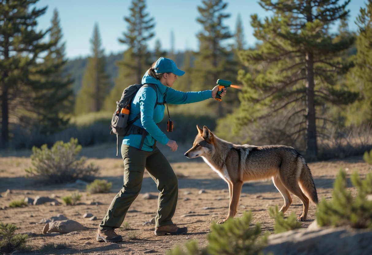 A person holding bear spray faces a coyote in a forest clearing.