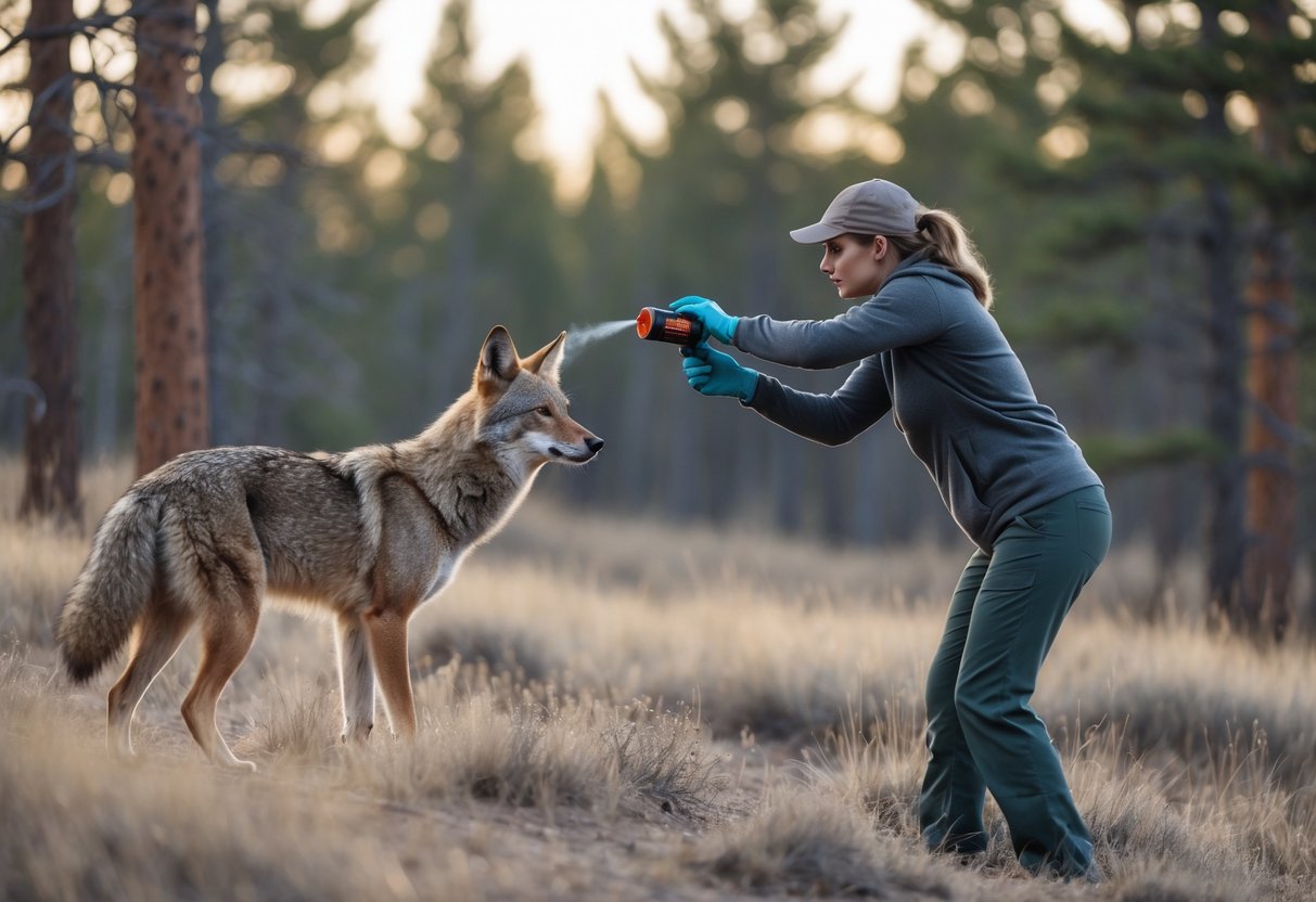 A person holding bear spray faces a cautious coyote in a forested outdoor area.