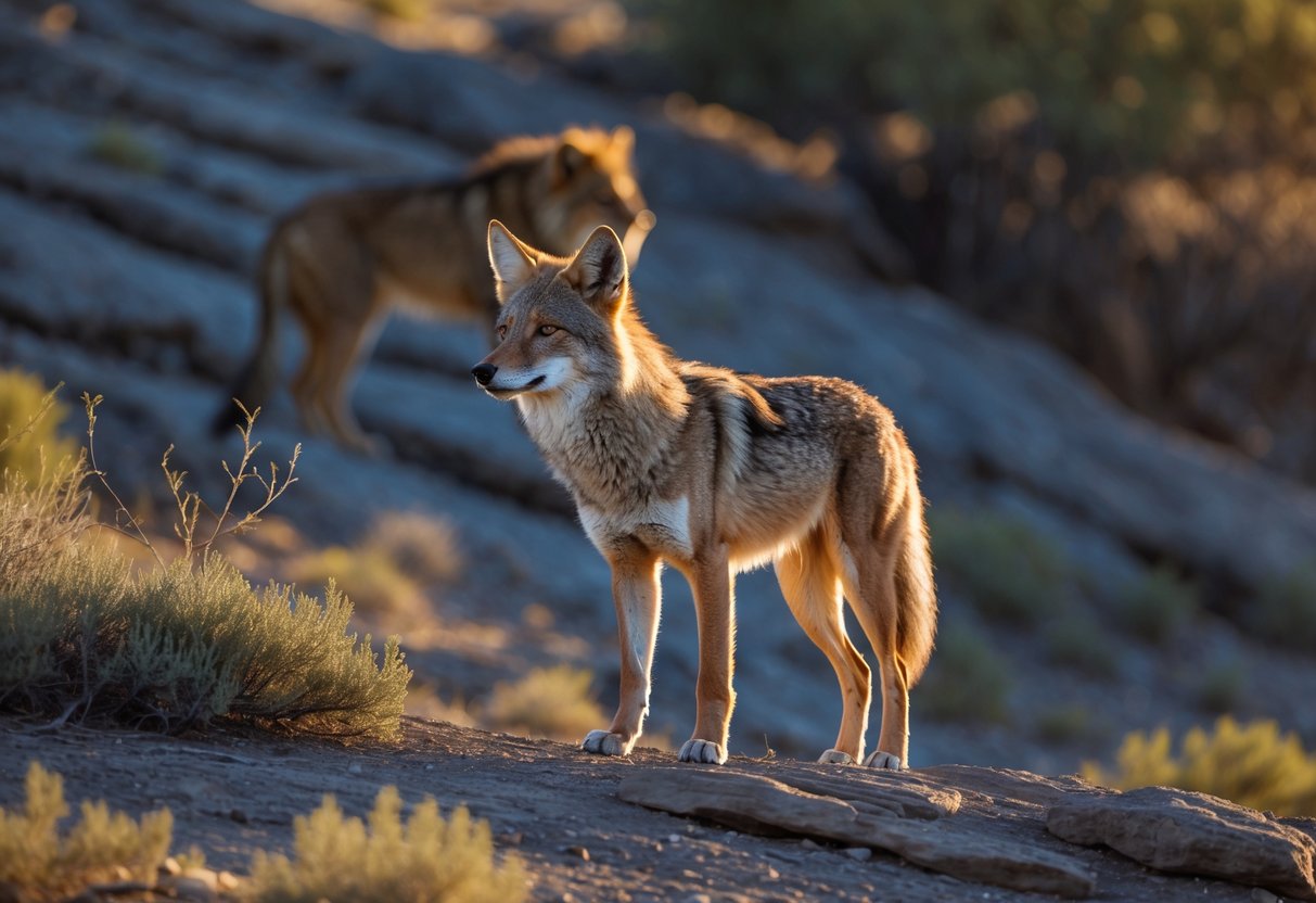 A coyote standing alert on rocky terrain while a lion watches from the background among trees.