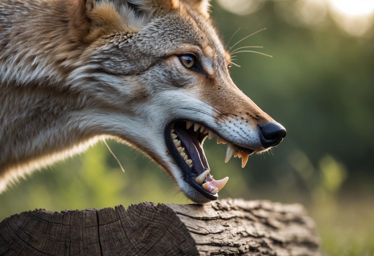 Close-up of a coyote biting a thick piece of wood in a natural outdoor setting.