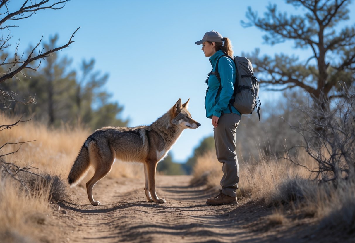 A person on a trail cautiously looking at a nearby coyote in a natural outdoor setting.