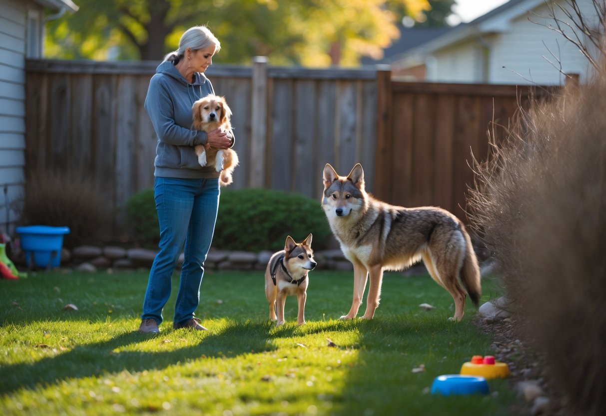 A person standing protectively near a small dog in a backyard while a coyote stands at the edge of the yard.