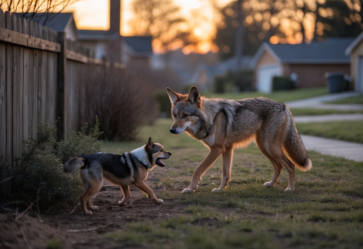 A coyote cautiously approaches a small dog in a suburban backyard at dusk.
