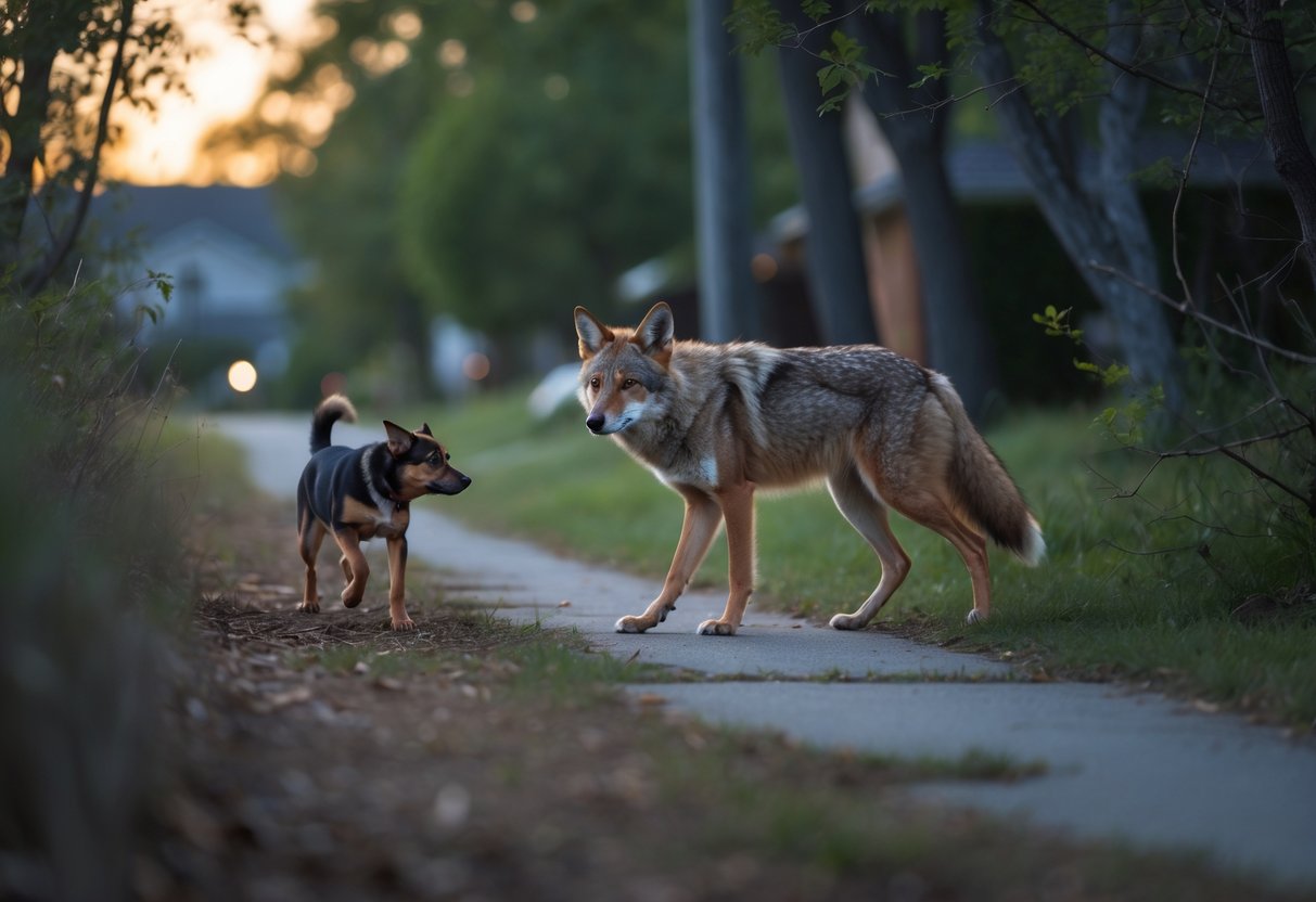 A coyote cautiously approaches a small dog near the edge of a wooded suburban area at dusk.