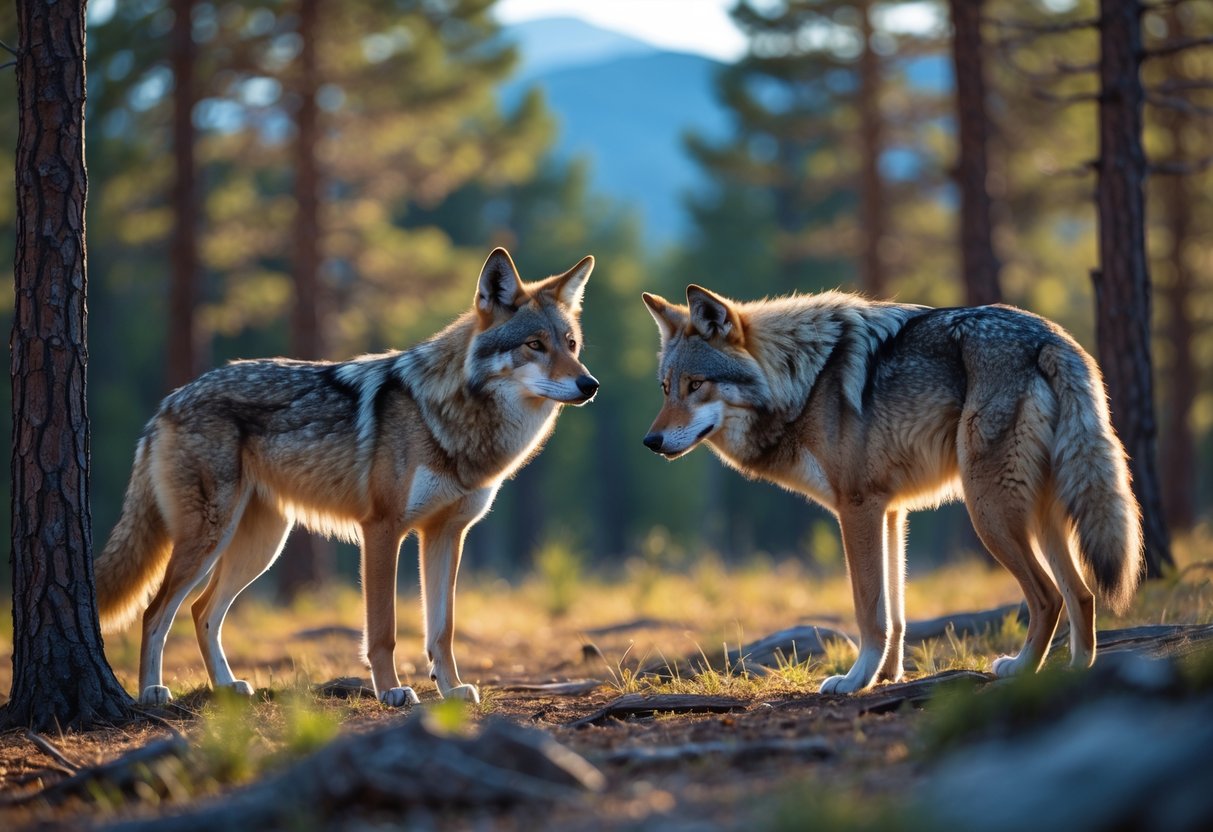 A coyote and a wolf face each other in a forest with sunlight filtering through the trees.