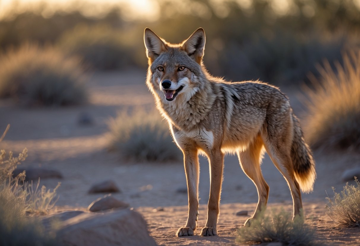 A wild coyote standing alert in a desert landscape with dry grasses and rocks during sunset.