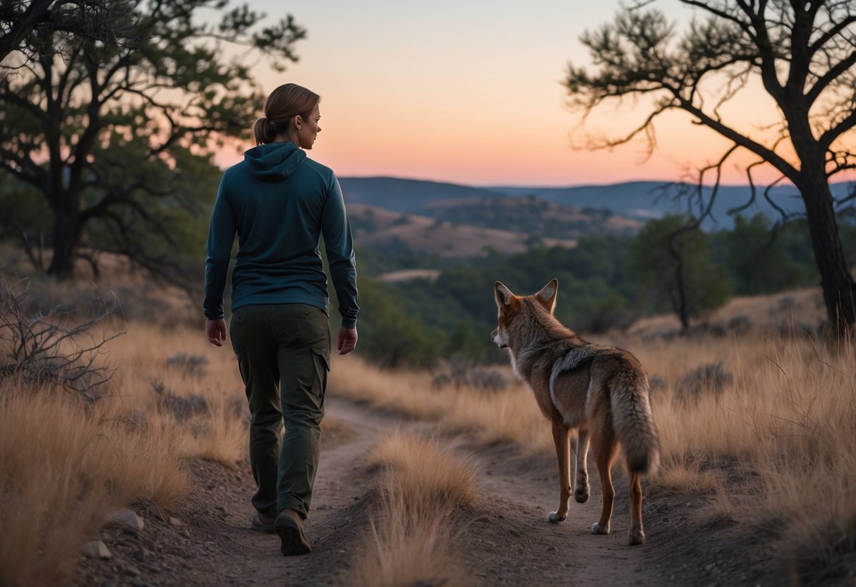 A person walking on a dirt trail in the wilderness with a coyote following closely behind at dusk.
