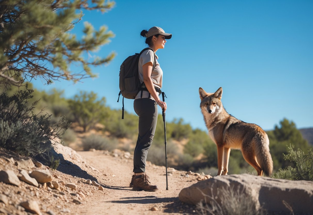 A person outdoors calmly observing a coyote at a safe distance in a natural landscape.