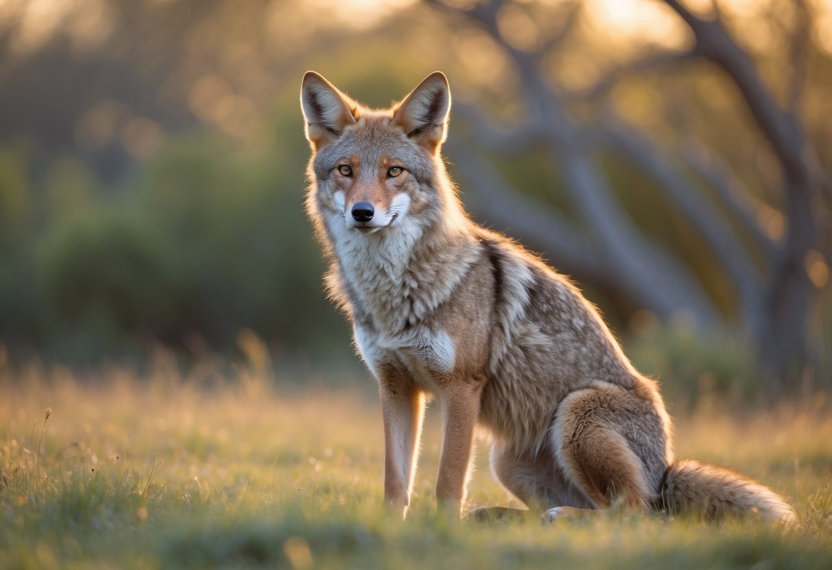 A calm coyote sitting in a grassy field with trees in the background, looking gently toward the camera.